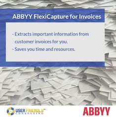 an ad with the words abby flexible for invoicess on it, next to a pile of papers