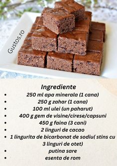 chocolate brownies are stacked on top of each other with information about the ingredients and how to make them