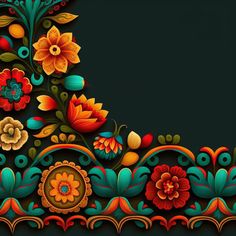 an ornate border with flowers and leaves on a black background for your text or image