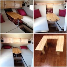 four pictures show the inside of a camper with couches and tables in it