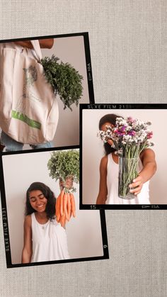 three pictures of people holding flowers and carrots