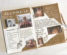 an open scrapbook with photos and writing on the pages that are decorated in brown