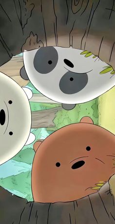 two cartoon bears are peeking out from behind a tree