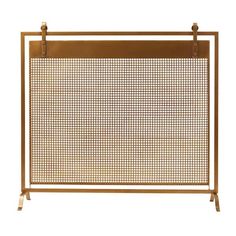 a gold metal screen with two hooks on each side and an iron bar at the top