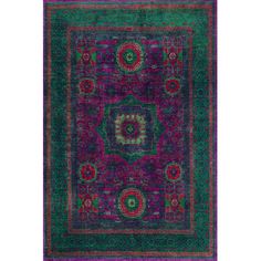 a purple and green area rug with an intricate design on the center, surrounded by smaller circles