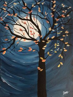 an acrylic painting of a tree with leaves blowing in the wind at night