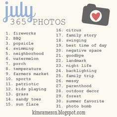 a list with the words july and photos in blue, white, and gray on it