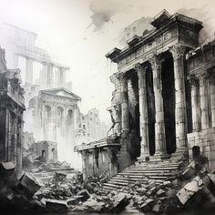 the ruins of an old city are shown in black and white, with broken buildings on either side