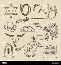 cowboy related items are shown in this hand drawn set - miscellaneous objects / artsy illustrations