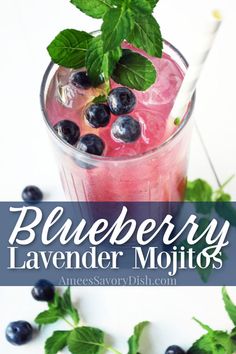 blueberry lavender mojits with mint garnish on top and text overlay