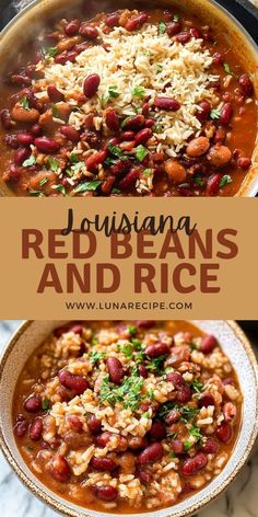 red beans and rice in a bowl with text overlay that reads, louisiana red beans and rice