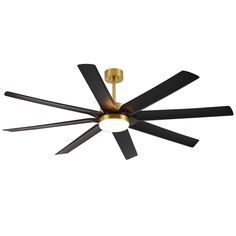 a ceiling fan with four black blades and a gold light on the top of it