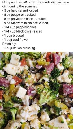 broccoli and other vegetables are mixed together to make a salad with dressings