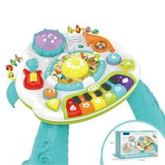 a baby toy with musical instruments on it's back and an inflatable turtle