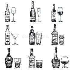 hand drawn alcohol bottles and glasses with drinks in the bottom left corner, black and white