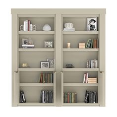 an open bookcase with several books on it and two shelves filled with various items