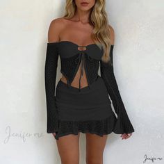 Off-Shoulder Sheer Tie-Up Top and Bodycon Mini Skirt Set Mini Skirt Outfit Night, Lace Long Skirt, Rok Outfit, Rok Mini, Bodycon Mini Skirt, 2 Piece Skirt Set, Mini Skirt Set, Rock Outfit, Strapless Crop Top