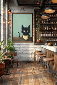 a black cat is sitting in a coffee shop