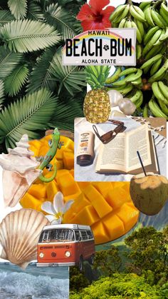 the collage shows various tropical scenes including bananas, pineapples and an old vw bus