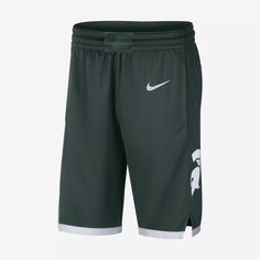 Rep your favorite team and tear up the court in these Spartans shorts. Lightweight fabric wicks sweat to help keep you focused on your game. This product is made with at least 75% recycled polyester fibers. Nike Basketball Athletic Shorts With Moisture-wicking, Nike Moisture-wicking Athletic Shorts For Basketball, Collegiate Athletic Shorts For Gym, Nike Team-colored Athletic Shorts For Sports Season, Michigan State Spartans, Michigan State, Basketball Shorts, Mens Basketball, Nike Shorts