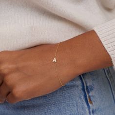 Exclusively ours, the Diamond Mini Uppercase Letter Bracelet is our newest addition to our letter collection! Handcrafted in 18-karat gold and set with shimmering pave diamonds, the mini initial is fixed on a delicate link chain. The perfect, personal gift for yourself, your mom, your BFF, or anyone on your list! 6.5" inch, 14-karat link chain Letter measures approximately 0.25" Lobster clasp Exclusively available on jennifermeyer.com or in our boutique! Made with love in Los Angeles Complimenta Gold Bracelet For Women With Letters, Diamond Letter Bracelet, Bracelet With Letters Gold, Dainty Initial Bracelet, J Bracelet, Bracelet With Initials, Jewelry Combo, Permanent Bracelet, Letter Collection