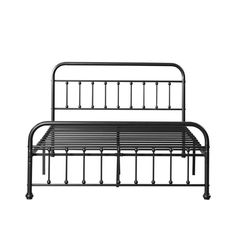 the metal bed frame is black and has four legs