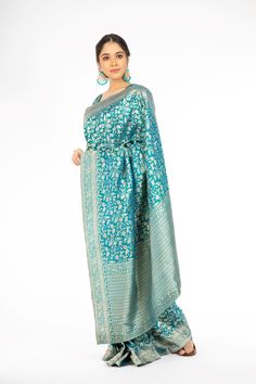 Marvelous Peacock Blue Handloom Banarasi Saree – Panache Haute Couture Luxury Blue Handloom Traditional Wear, Add Sleeves, Beautiful Peacock, At A Party, Types Of Embroidery, Banarasi Saree, Peacock Blue, Banarasi Sarees, Wearing Clothes