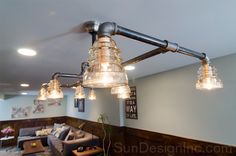 an industrial style light fixture hangs from the ceiling