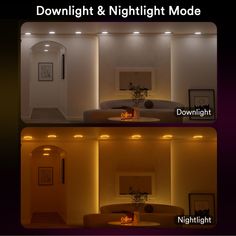 two pictures of a living room with lights on the ceiling and downlight & night light mode