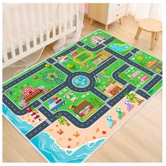 a child's play mat in the shape of a road map