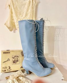 Vintage Lace-up Party Boots, Blue Lace-up Formal Boots, Vintage Closed Toe Boots For Party, Low Heel Fitted Wedding Boots, Fitted Low Heel Wedding Boots, Fitted Lace-up Wedding Boots, Leather High Heel Boots For Wedding, Leather High Heel Wedding Boots, Winter Wedding Boots With Round Toe