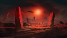 an image of a sci - fi scene with red light coming from the sun in the distance