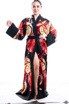 long kimono dressing gown ellectives Black Silk Long Sleeve Robe, Elegant Black Summer Robe, Black Silk Kimono For Summer, Black Silk Summer Kimono, Summer Black Silk Kimono, Black Open Front Evening Kimono, Black Silk Evening Kimono, Elegant Satin Beach Kimono, Elegant Beach Satin Kimono