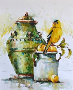 a painting of a yellow bird sitting on top of a vase and fruit in front of it