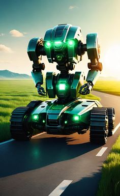 a green robot is driving down the road in front of some grass and blue sky