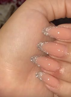 Cute Shiny Nails, Cute Party Nails, Nails For Sparkly Dress, Kbeauty Korean Nails, Pretty Glitter Nails, Sparky French Tip, Glittery French Tip Nails Almond, Glittery Tips Nails, Nail Inspo Party