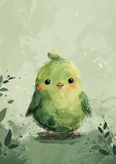 a painting of a green bird with big eyes