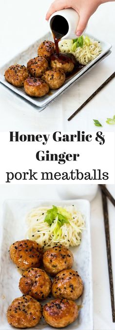 honey garlic and ginger pork meatballs on a plate with chopsticks