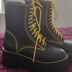 Black And Yellow Boots Size 6 Never Worn Yellow Platform Boots For Fall, Yellow Leather Platform Boots With Round Toe, Yellow Techwear, Spring Chunky Platform Combat Boots In Black, Spring Black Combat Boots With Chunky Platform, Trendy Yellow Boots For Fall, Trendy Yellow Boots For Spring, Trendy Yellow Spring Boots, Yellow Trendy Spring Boots