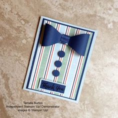 a card with a blue bow tie on it that says thank you, independent stampin'up demonsator