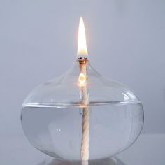 a lit candle in a glass bowl with water on the bottom and a brown stick sticking out of it