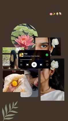 an iphone photo collage with flowers, leaves and music player on the left side