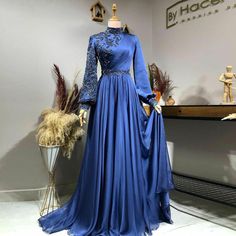 Turtle Neck Prom Dresses, Dark Blue Prom Dress Long Sleeve, Dark Blue Dress Formal Long Sleeve, Turtleneck Prom Dress, Royal Blue Dress Modest, Blue Long Sleeve Ball Gown For Prom, Royal Blue Gowns Elegant, Blue Formal Gown For Eid, Royal Blue Dress Hijab