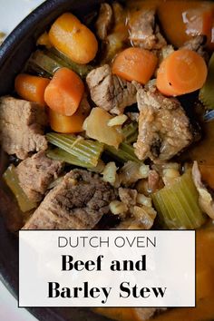 beef and barley stew in a black bowl with carrots, celery and onions