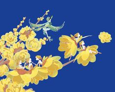 two birds flying over yellow flowers on a blue background