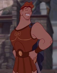 the animated character is smiling and holding two swords in his hand, while standing next to an old building