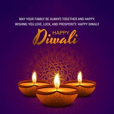 happy diwali greeting card with three lit candles on purple and gold background for diwali