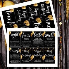 a black and gold birthday party ticket with confetti, balloons and streamers