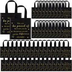 black and gold gift bags with the words, may you be proud of