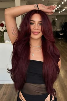 Red Rose Hair Color, Burgundy Hair Blowout, Dark Magenta Hair Burgundy, Dark Roots With Red Hair, Purple Red Hair Burgundy, Fall Hair Color Inspiration, Hair Inspo Color Long, Dark Red Hair With Bright Red Highlights, Burgundy Hair Tan Skin